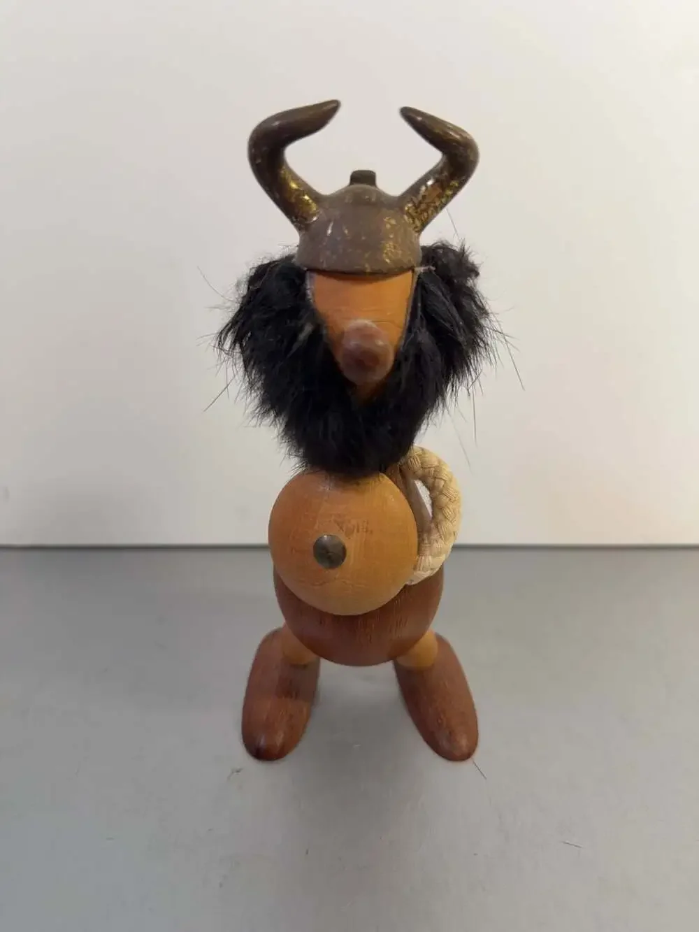 Vintage Carl Bent Teak Wood Viking Figurine with Shield and Rope Arms Handmade i